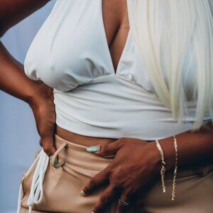 Womens Cropped Deep V Halter Top Open Back Tie Waist White